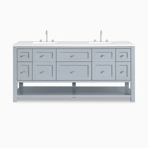 Bridgette 72" freestanding double vanity in serenity blue with satin nickel hardware and sleek white quartz countertop, exuding coastal elegance and ample storage.