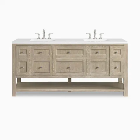 Bridgette 72" freestanding double vanity in whitewashed oak with satin nickel hardware and crisp white quartz countertop, blending rustic farmhouse charm with refined elegance.