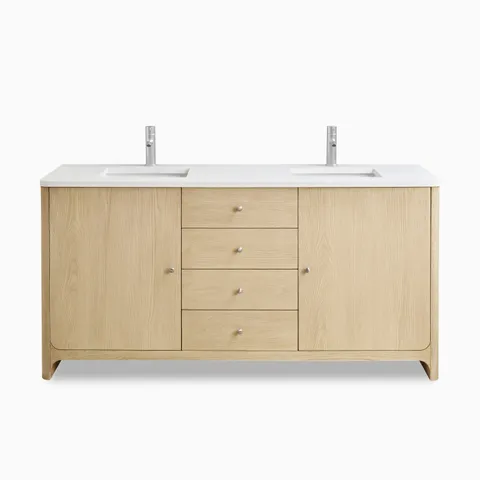 72" double vanity in light coastal driftwood finish with white zeus quartz top, satin nickel hardware, and sleek dual sinks.