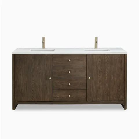Elegant 72" double vanity in sable ash wood with white zeus quartz top, featuring soft edges, dual sinks, and sleek champagne brass hardware.