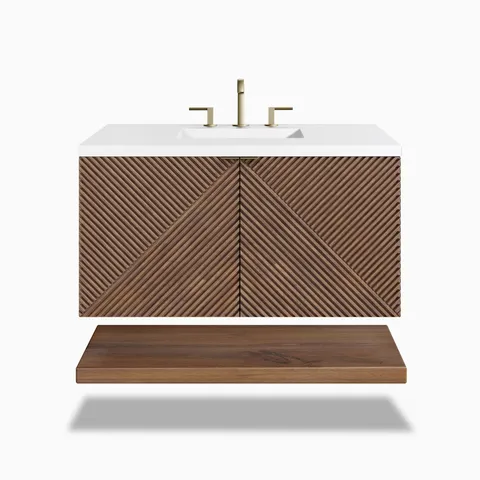 36" floating vanity in deep chestnut with ribbed Acacia doors, white quartz sinktop, and open shelf for airy, modern storage.