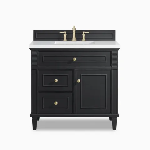 Elodie 36-inch single vanity in black onyx with White Zeus quartz countertop, featuring a center sink, paneled cabinet doors, and brushed brass hardware.