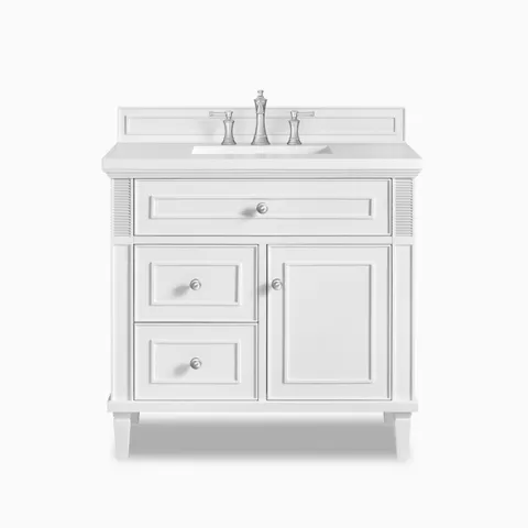 Elodie 36-inch single vanity in bright white with White Zeus quartz countertop, featuring a center sink, paneled cabinet doors, and polished chrome hardware.