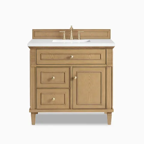 Elodie 36" freestanding single vanity in light natural oak with fluted side detailing and champagne brass hardware.