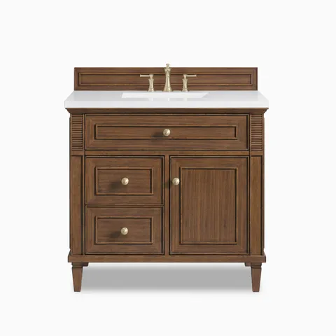 Elodie 36-inch single vanity in mid-century walnut with White Zeus quartz countertop, featuring a center sink, paneled cabinet doors, and brass hardware.