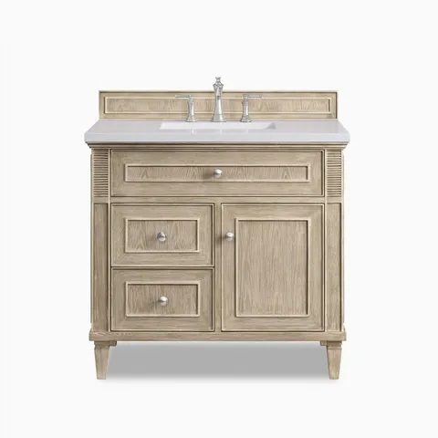 Elodie 36" single vanity in whitewashed oak with fluted corner accents and satin nickel hardware.