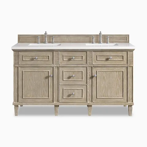 Elodie 60" double vanity in whitewashed oak featuring fluted corners and satin nickel hardware for timeless elegance.
