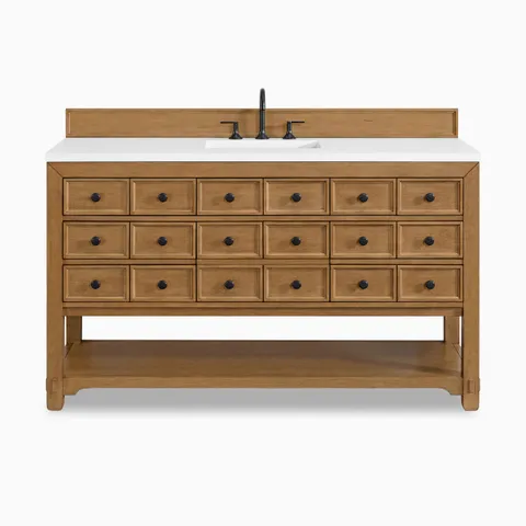 Rosalie 60-inch single bathroom vanity in amber birch with white Zeus quartz countertop, black faucet, multiple drawers, and open lower shelf.