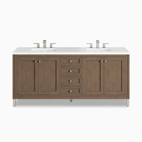 A soft Whitewashed Walnut finish highlights the Janelle 72 inch double vanity with framed cabinet panels, storage drawers, and a White Zeus quartz top with dual sinks.