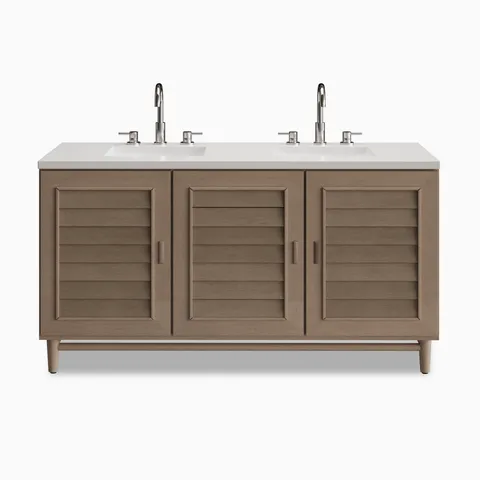 Trisha 60" double vanity in Whitewashed Walnut with a 3 cm White Zeus Quartz countertop, featuring dual undermount sinks, brushed nickel faucets, three louvered cabinet doors, and tapered legs.