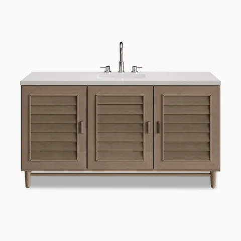 Trisha 60" single vanity in Whitewashed Walnut with a 3 cm White Zeus Quartz countertop, featuring a central undermount sink, brushed nickel faucet, three louvered cabinet doors, and tapered legs.