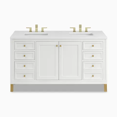 Glossy White cabinetry defines this 60 inch double vanity, designed with framed cabinet doors, side drawers, brass hardware, and a White Zeus Silestone top with two sinks.