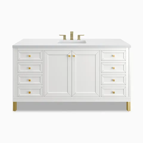Bright Glossy White cabinetry defines the Janelle 60 inch single vanity, designed with paneled doors, six storage drawers, brass hardware, and a White Zeus Silestone top.