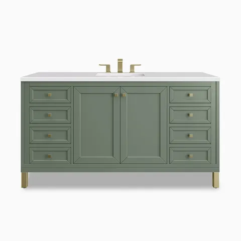 Our Janelle 60 inch single vanity in Smokey Celadon features soft green cabinetry, paneled cabinet doors, multiple drawers, and a 3 cm White Zeus Silestone top with an integrated sink.