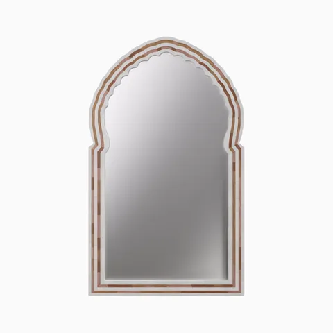 Defined by its richly dimensional arch, the Vivara Mirror in Natural/Bone showcases hand-inlaid buffalo bone and warm acacia wood in a refined, heirloom-worthy form.