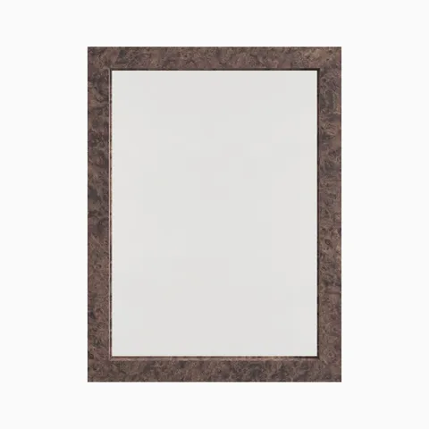Rectangular mirror with a timeless silhouette, framed in dark burl wood veneer with rich swirling grain patterns.