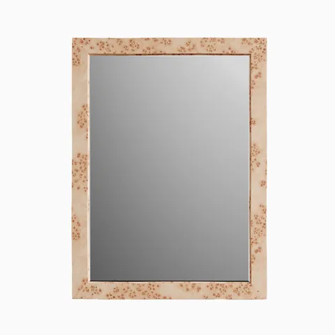 Rectangular mirror framed in burl wood veneer, highlighting swirling grain patterns and warm natural tonal variation.