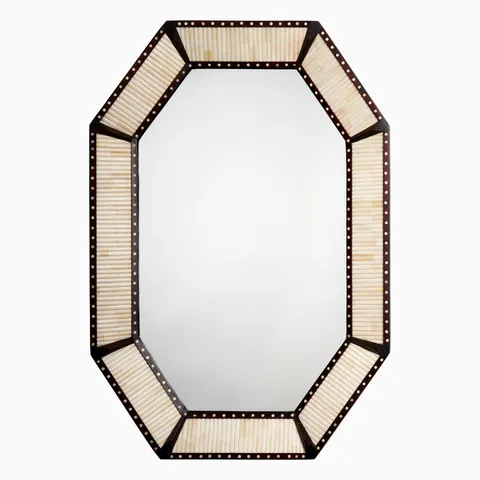 Octagonal wall mirror with dark mango wood frame and camel bone inlay panels, featuring linear texture and subtle stud detailing.
