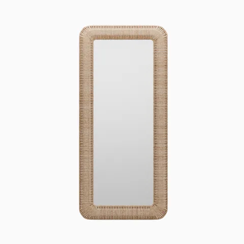 Full-length floor mirror framed in hand-applied corn straw rope, highlighting organic texture, warm neutrals, and artisan-crafted detail.