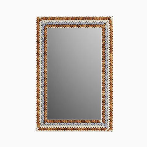 Rectangular mirror set in a solid teak frame, inlaid with buffalo bone in a woven pattern of cream, soft blue, and warm brown tones.