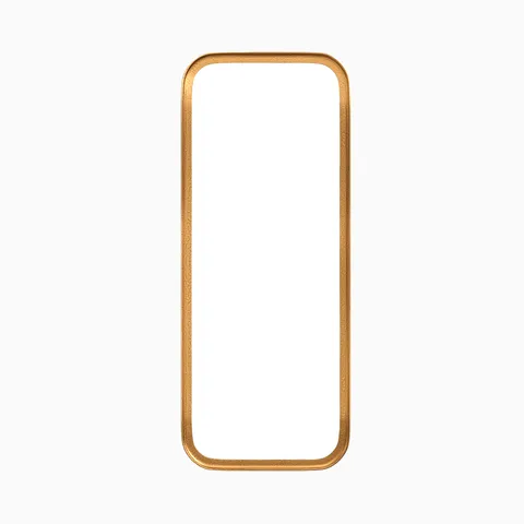 Elongated rounded rectangular mirror with a classic silhouette, framed by a narrow border in a rustic, warm metallic sheen.