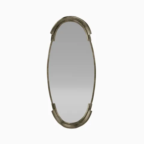 A slender oval mirror with chic arched detailing and an antique silver finish, featuring a rustic, timeworn aluminum sheen with effortless Parisian charm.