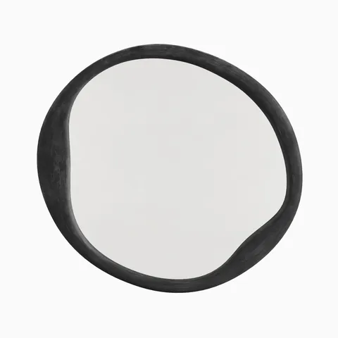 Round wall mirror with an organically contoured black metal frame, featuring a soft matte finish and sculptural curves for a bold modern accent.