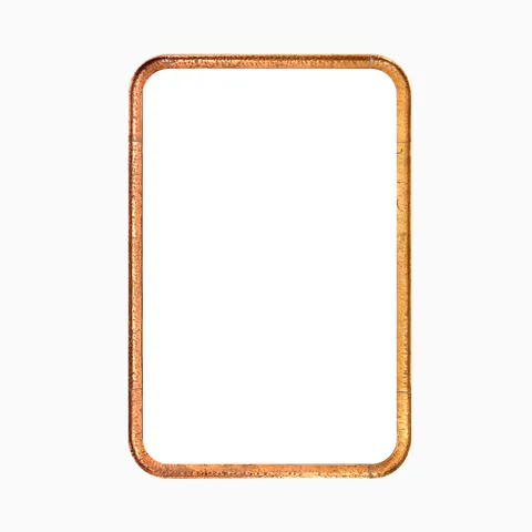 Rounded rectangular mirror with a classic silhouette, framed by a narrow border finished in a rustic, warm metallic sheen.
