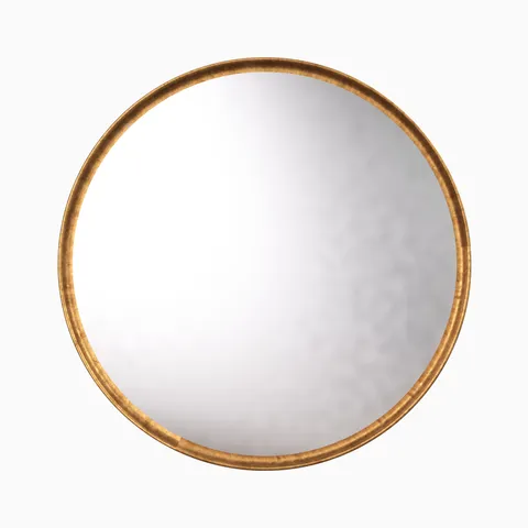 Thoughtfully sized for compact walls or layered spaces, the Evelora Mirror in Gold Leaf showcases a round silhouette with a slim iron frame and a softly shimmering rustic finish.