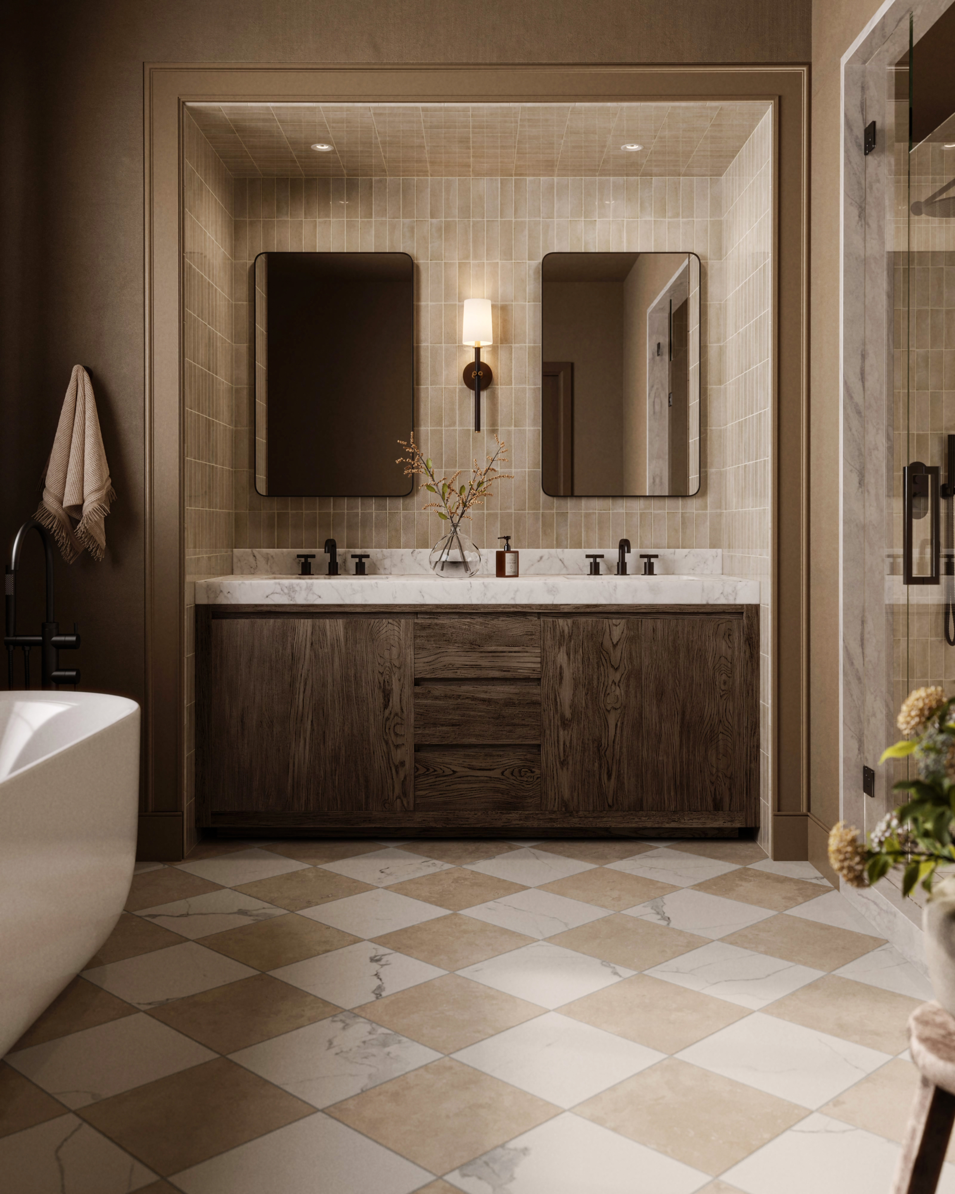 KAILUNENDO　モカシン（ライク） マリン エルメス Leona 12 x 12 Checkerboard Matte Porcelain Tile in Calacatta and