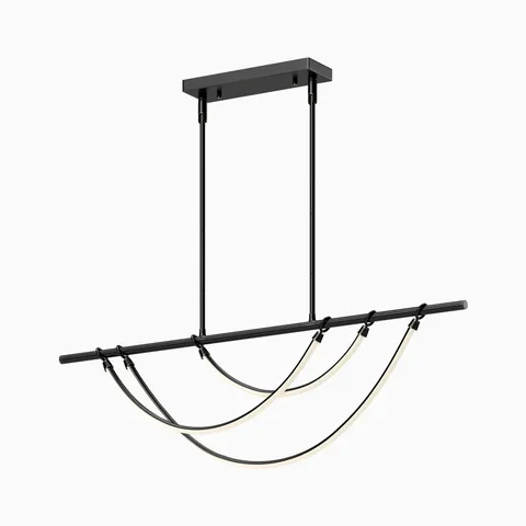 Urban bronze linear pendant with a sleek metal bar and three gracefully draped strands beneath, creating a layered, jewelry inspired silhouette