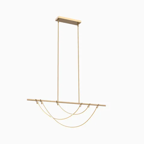 Vintage brass linear pendant with a sleek metal bar and three gracefully draped strands beneath, creating a layered, jewelry inspired silhouette