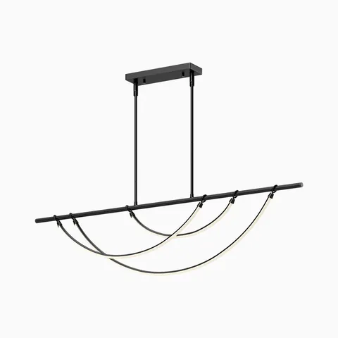Urban bronze linear pendant with a sleek metal bar and three gracefully draped strands beneath, creating a layered, jewelry inspired silhouette