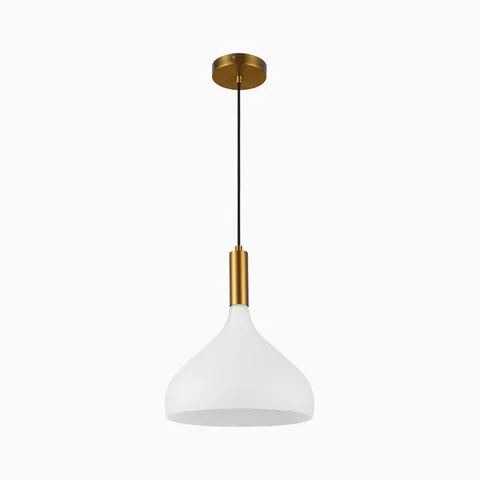 Minimalist white dome pendant light with warm brass stem and canopy in a refined modern design.