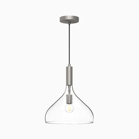 Clear glass dome pendant light with brushed nickel stem and exposed filament bulb in a sleek modern design.