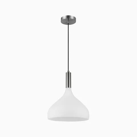 Minimalist white dome pendant light with brushed nickel stem and canopy in a clean modern design.