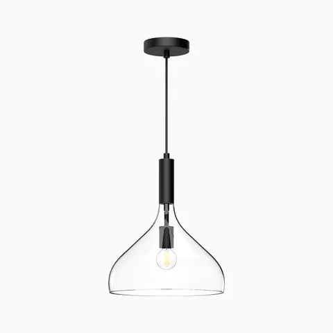 Clear glass dome pendant light with black stem and exposed filament bulb in a sleek modern design.