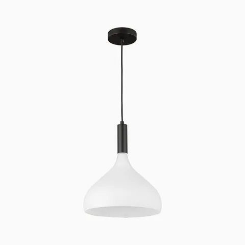 Minimalist white dome pendant light with black stem and canopy, blending modern and Scandinavian design.