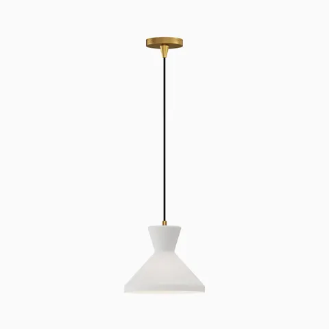 Large modern pendant light with gold canopy and wide tapered white glass shade.