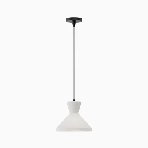 Large modern pendant light with matte black canopy and wide tapered white glass shade.