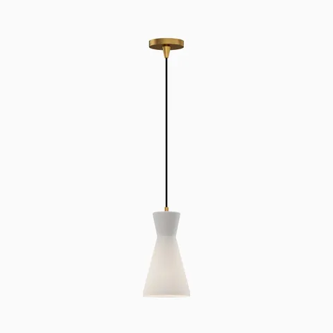 Modern pendant light with gold canopy, black cord, and tapered white glass shade in a minimalist design.