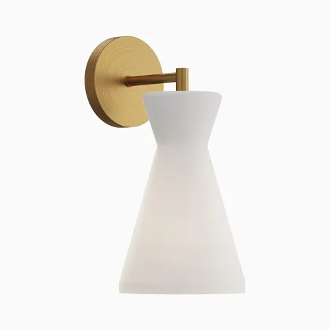 Modern wall sconce with gold arm and tapered white glass shade in a refined minimalist design.