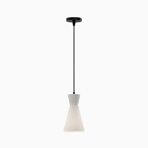 Modern pendant light with matte black canopy and slender cord paired with a tapered white glass shade.