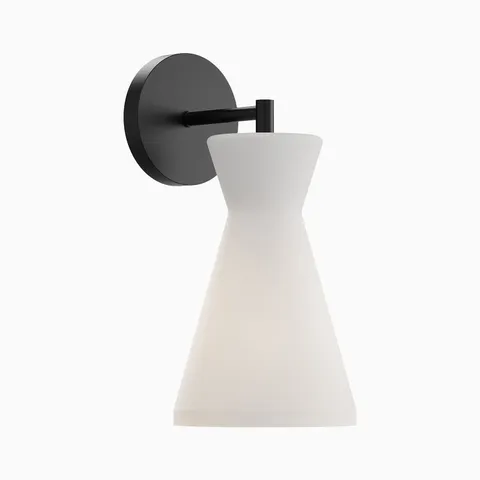 Modern wall sconce with matte black arm and tapered white glass shade in a clean minimalist design.