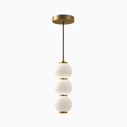 LED modern pendant light with gold canopy and triple stacked white glass globe shades.