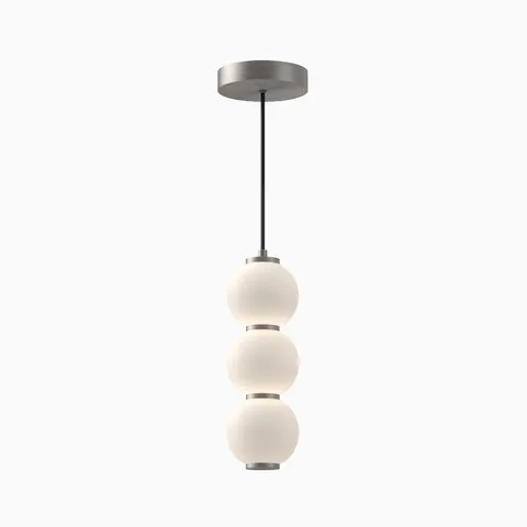 LED modern pendant light with brushed nickel canopy and triple stacked white glass globe shades.