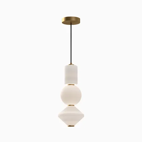 Universal voltage LED modern pendant light with gold canopy and sculptural stacked white glass shades.