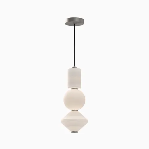 LED modern pendant light with brushed nickel canopy and sculptural stacked white glass shades.