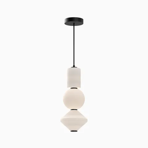 Universal voltage LED modern pendant light with matte black canopy and sculptural stacked white glass shades.