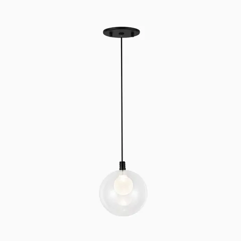 Modern LED pendant light with matte black finish, black cord, and clear glass globe shade.